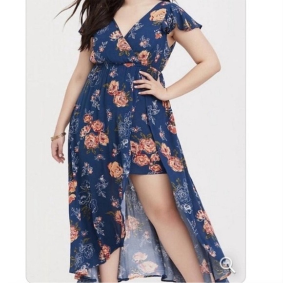 torrid Dresses & Skirts - Torrid Teal Floral Crinkle Faux Wrap Walk Through Romper Dress